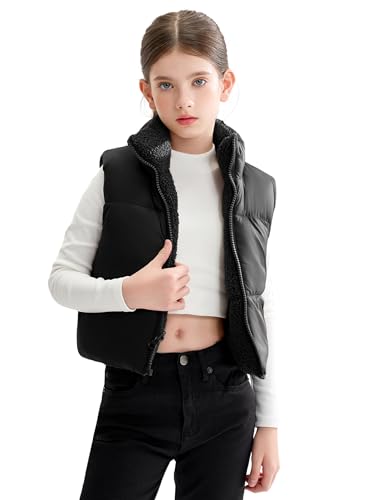 SOLOCOTE Mädchen Winter Wende Weste Gepolstert Kapuzenplüsch Gefütterte Taillenjacke Dicke Ärmellose Jacke für Kinder Schwarz 8 Jahre von SOLOCOTE