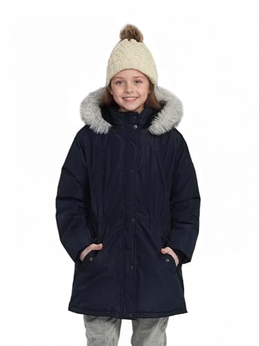SOLOCOTE Mädchen Wintermantel wasserabweisend wattiert mit Kapuze Sherpa Futter Kunstpelzbesatz schwerer langer Parka für Kinder Marine 164 von SOLOCOTE
