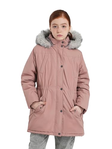 SOLOCOTE Mädchen Wintermantel wasserabweisend wattiert mit Kapuze Sherpa Futter Kunstpelzbesatz schwerer langer Parka für Kinder Rosa 140 von SOLOCOTE