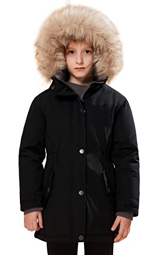 SOLOCOTE Mädchen Wintermäntel Heavyweight Medium Länge warme Jacke mit abnehmbaren Pelzkragen mit Kapuze 2016 Schwarz 11-12Y von SOLOCOTE