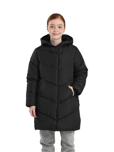 SOLOCOTE Mädchen Wintermantel wasserabweisend mit Kunstfell-Futter schwerer Kapuzen-Pufferjacke für Kinder Schwarz 152 von SOLOCOTE