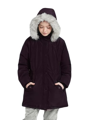SOLOCOTE Mädchen Wintermantel wasserabweisend wattiert mit Kapuze Sherpa Futter Kunstpelzbesatz schwerer langer Parka für Kinder Lila 152 von SOLOCOTE