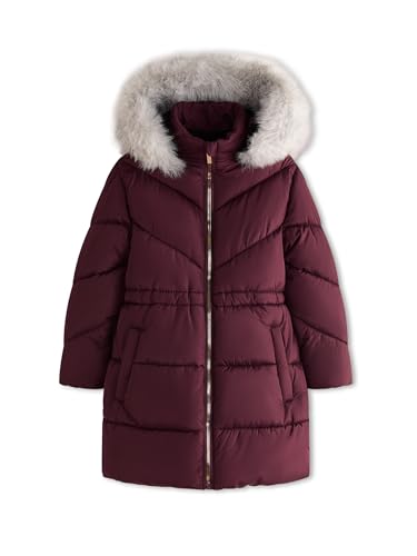 SOLOCOTE Mädchen Wintermantel wasserabweisend wattiert mit Kapuze Sherpa Futter Kunstpelzbesatz schwerer langer Parka für Kinder Rot 152 von SOLOCOTE