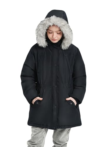 SOLOCOTE Mädchen Wintermantel wasserabweisend wattiert mit Kapuze Sherpa Futter Kunstpelzbesatz schwerer langer Parka für Kinder Schwarz 140 von SOLOCOTE