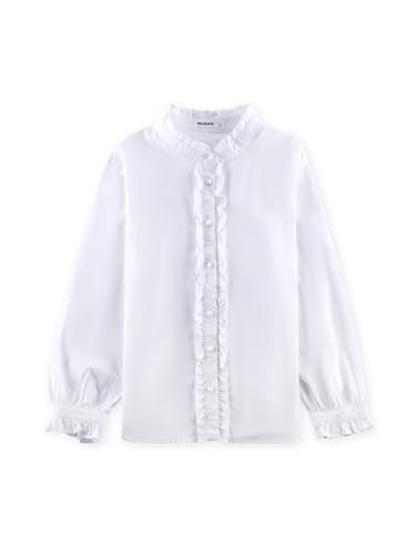 SOLOCOTE Mädchen Bluse Rüschen Langarm Knopfleiste Hemden Prinzessin Baumwolle Lose Weiche Tops Frühling und Sommer weiß 13-14 Jahre von SOLOCOTE