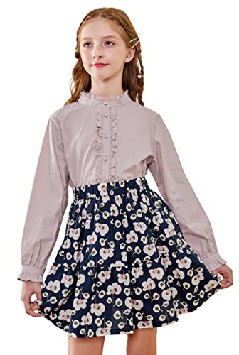 SOLOCOTE Mädchen Bluse Rüschen Langarm Knopfleiste Hemden Prinzessin Baumwolle Lose Weiche Tops Frühling und Sommer Hellviolett 7-8 Jahre von SOLOCOTE