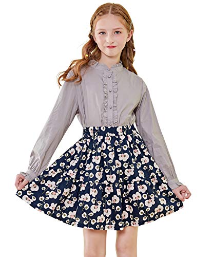 SOLOCOTE Mädchen Bluse Rüschen Langarm Knopfleiste Hemden Prinzessin Baumwolle Lose Weiche Tops Frühling und Sommer grau 11-12 Jahre von SOLOCOTE