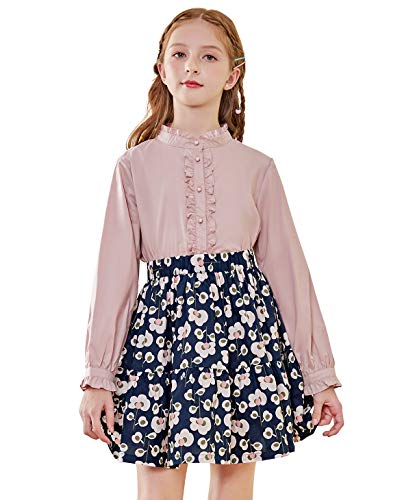 SOLOCOTE Mädchen weiße Bluse Rüschen Langarm Knopfleiste Hemden Prinzessin Baumwolle Lose Weiche Tops Frühling und Sommer rosa 7-8 Jahre von SOLOCOTE