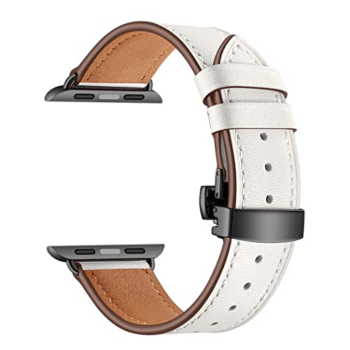 Lederband kompatibel für Apple Watch Band 49mm 45mm 44mm 42mm,Echtlederarmband Ersatzarmband für iwatch Series Ultra 2/Ultra/9 8 7 6 SE 5 4 3 2 1, Schwarzer Knopf Weiß,42/44/45/49mm von SOLOLUP