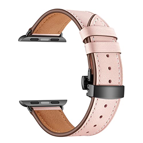 Lederband kompatibel für Apple Watch Band 49mm 45mm 44mm 42mm,Echtlederarmband Ersatzarmband für iwatch Series Ultra 2/Ultra/9 8 7 6 SE 5 4 3 2 1, Schwarzer Knopf Rosa,42/44/45/49mm von SOLOLUP