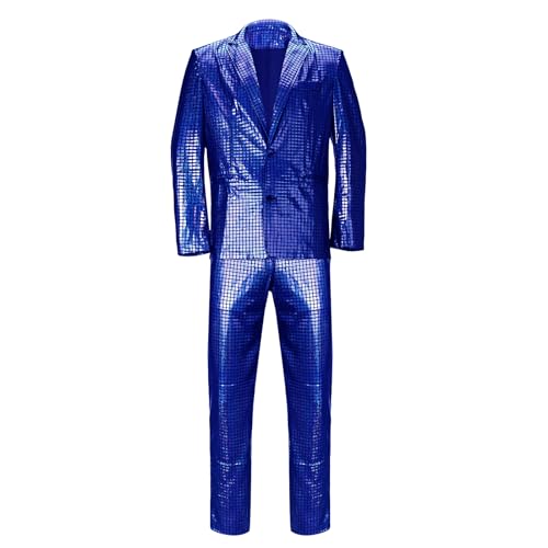 Herren 2 Stücke Disco Kostüm Jacke Hose Outfit Set Erwachsene 70er Jahre Glänzend Metallic Pailletten Halloween Cosplay Party Anzug, Blau, XX-Large von SOLOTIMES