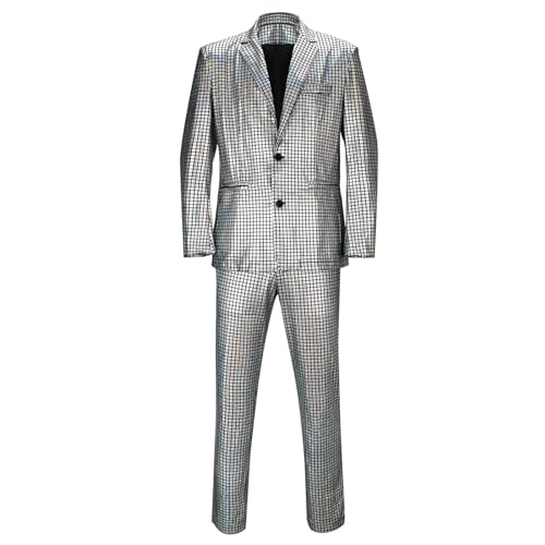 Herren 2 Stücke Disco Kostüm Jacke Hose Outfit Set Erwachsene 70er Jahre Glänzend Metallic Pailletten Halloween Cosplay Party Anzug, silber, M von SOLOTIMES