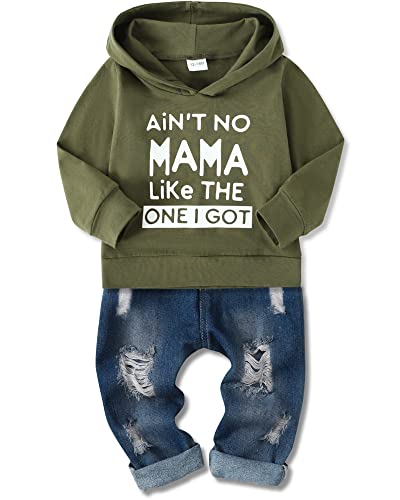 SOLOYEE Baby Boys Outfits Kleidung Sets Säugling Mode Brief Muster lange Ärmel mit Kapuze Sweatshirt und Jeans Hosen 2 tlg, 12-18 Monate, Armee grün von SOLOYEE