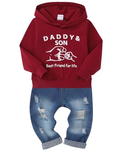 SOLOYEE Baby Boys Outfits Kleidung Sets Säugling Mode Brief Muster lange Ärmel mit Kapuze Sweatshirt und Jeans Hosen 2 tlg, 4-5 Jahre, Rot von SOLOYEE