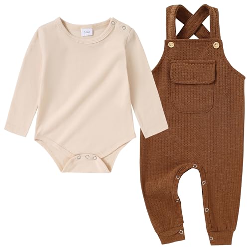 SOLOYEE Baby Junge Kleidung Outfit Set, Neugeborenes Baby Strampler Anzug Lange Ärmel Jumpsuit + Hosenträger Herbst Winter Babykleidung 2tlg (Braun, 6-12 Monate) von SOLOYEE