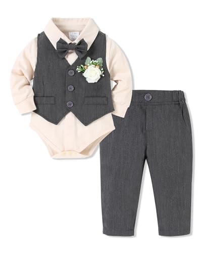 SOLOYEE Baby Jungen Taufbekleidung Anzug 0-18 Monate, Baby Festliche Hochzeit Anzüge Neugeborenen Strampler+ Hosen + Weste + Fliege + Korsage (Grau, 12-18 Monate) von SOLOYEE