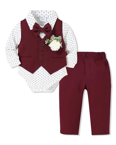 SOLOYEE Baby Jungen Taufbekleidung Anzug 0-18 Monate, Baby Festliche Hochzeit Anzüge Neugeborenen Strampler+ Hosen + Weste + Fliege + Korsage (Rot, 12-18 Monate) von SOLOYEE