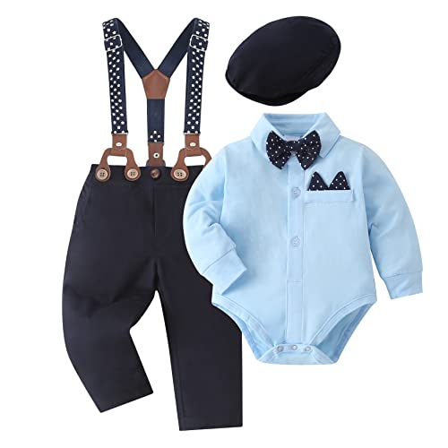 SOLOYEE Baby Jungen Bekleidungssets Taufanzug Strampler mit Fliege + Gentleman HosenträGer Baby Junge Hochzeit Outfit Set 4tlg Blau, 0-3 Monate von SOLOYEE