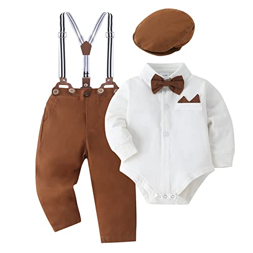 SOLOYEE Baby Jungen Bekleidungssets Taufanzug Strampler mit Fliege + Gentleman HosenträGer Baby Junge Hochzeit Outfit Set 4tlg Weiß, 12-18 Monate von SOLOYEE