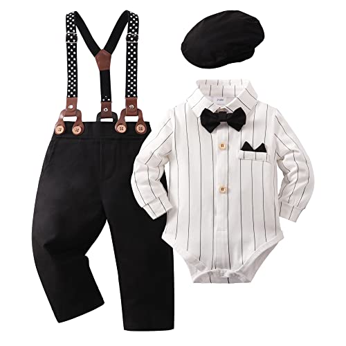 SOLOYEE Baby Jungen Bekleidungssets Taufanzug Strampler mit Fliege + Gentleman HosenträGer Baby Junge Hochzeit Outfit Set 4tlg Weiße Streifen, 0-3 Monate von SOLOYEE