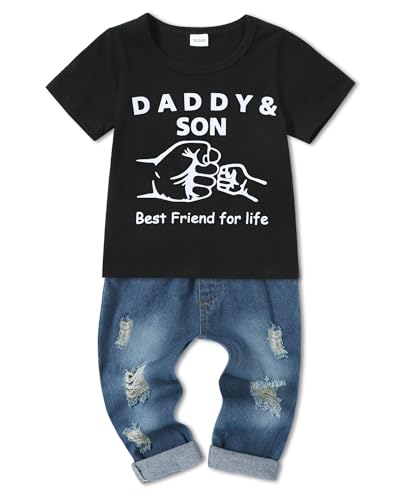 SOLOYEE Baby Jungen Outfits Kleidung sets Kleinkind Bekleidung Junge 1-5 Jahre Brief Muster Kurzarm T-Shirt und Baby Jeans Junge 2 Tlg, 18-24 Monate, Schwarz-Kurze von SOLOYEE