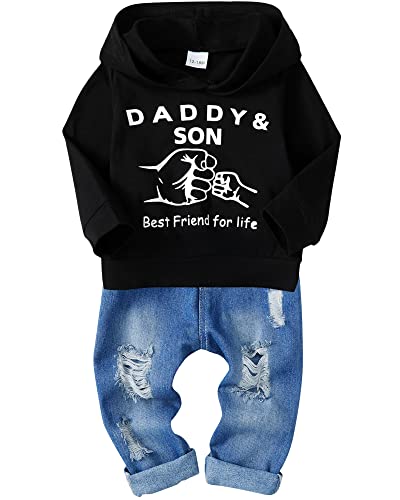 SOLOYEE Baby Jungen Outfits Kleidung Sets Kleinkind Mode Brief Muster Langarm Kapuzen-Sweatshirt und Jeans Hosen 2 tlg, 3-4 Jahre, Schwarz von SOLOYEE