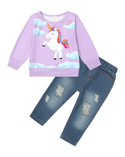 SOLOYEE Bekleidungssets für Baby-Mädchen 12M-5J 2-teiliger langärmeliges Rundhals T-Shirt mit Baby Jeans Mädchen, Kinder Kleidung, Perfekt als Geburtstagsgeschenk oder Baby Ostern Outfit von SOLOYEE