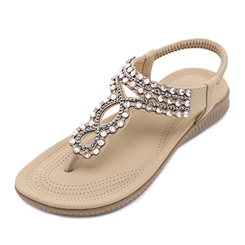 SOLOYEE Damen Sandalen Sommer Flip Flops PU Leder Bohemian Stil Flach Freizeit Mode Zehentrenner, Beige, 36 EU (37 CN) von SOLOYEE