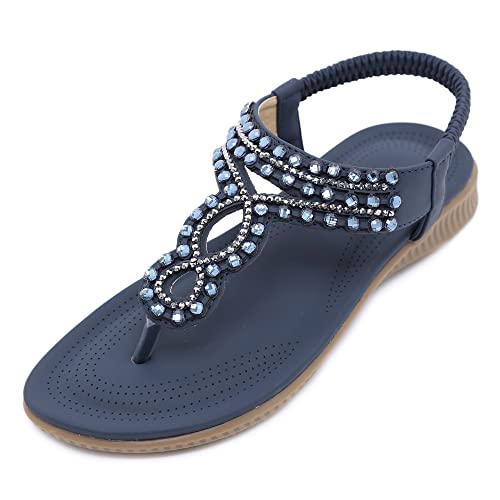 SOLOYEE Damen Sandalen Sommer Flip Flops PU Leder Bohemian Stil Flach Freizeit Mode Zehentrenner, Blau, 36 EU (37 CN) von SOLOYEE