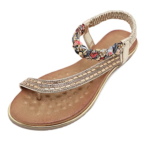 SOLOYEE Damen Sandalen Sommer Flip Flops PU Leder Bohemian Stil Flach Freizeit Mode Zehentrenner, Gold, 36 EU (37 CN) von SOLOYEE