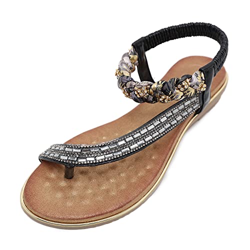 SOLOYEE Damen Sandalen Sommer Flip Flops PU Leder Bohemian Stil Flach Freizeit Mode Zehentrenner, Schwarz, 38 EU (39 CN) von SOLOYEE