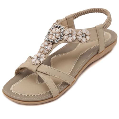 SOLOYEE Sandalen Damen Sommer bequem Flache Sandalette Strand Schuhe mit Rutschfeste Weiche Fußbett Bohemian Strass für Urlaub Hochzeit Shopping (Aprikose, 39 EU) von SOLOYEE