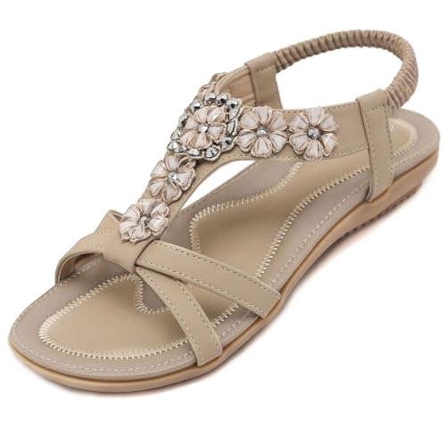 SOLOYEE Sandalen Damen Sommer bequem Flache Sandalette Strand Schuhe mit Rutschfeste Weiche Fußbett Bohemian Strass für Urlaub Hochzeit Shopping (Aprikose, 40 EU) von SOLOYEE