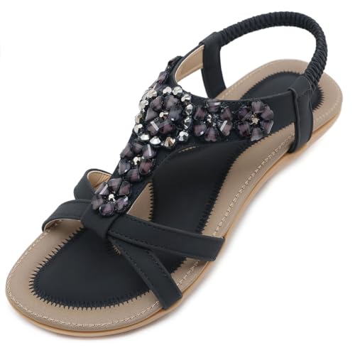 SOLOYEE Sandalen Damen Sommer bequem Flache Sandalette Strand Schuhe mit Rutschfeste Weiche Fußbett Bohemian Strass für Urlaub Hochzeit Shopping (Schwarz, 41 EU) von SOLOYEE