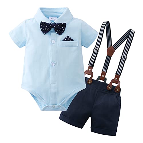 SOLOYEE Sommer Baby Jungen Gentleman Bekleidungssets Kleinkinder Kurzarm Fliege Shirt Strampler + Hosenträger Shorts Hochzeit Set Blau,3-6 Monate von SOLOYEE