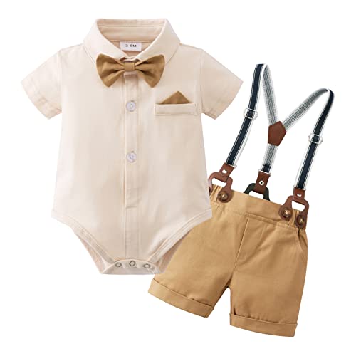 SOLOYEE Sommer Baby Jungen Gentleman Bekleidungssets Kleinkinder Kurzarm Fliege Shirt Strampler + Hosenträger Shorts Hochzeit Set Khaki,3-6 Monate von SOLOYEE