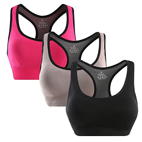 SOLOYEE Sport BH Damen Starker Halt Push Up Ohne Bügel Seamless Strech Abnehmbare Gepolstert Wohlfühl Büstenhalter Fitness Yoga Schwarz + Grau + Rosa, XL von SOLOYEE