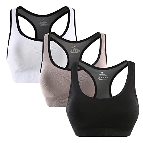 SOLOYEE Sport BH Damen Starker Halt Push Up Ohne Bügel Seamless Strech Abnehmbare Gepolstert Wohlfühl Büstenhalter Fitness Yoga Schwarz + Grau + Weiß, XL von SOLOYEE