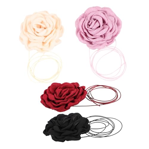 SOLUSTRE 4 Stück Teiliges Damen Choker Halskette mit Großen Stoff Rosen Verstellbare Lange Blütenkette DIY Halskette für Frauen Modischer Schmuck in Schwarz Rot von SOLUSTRE