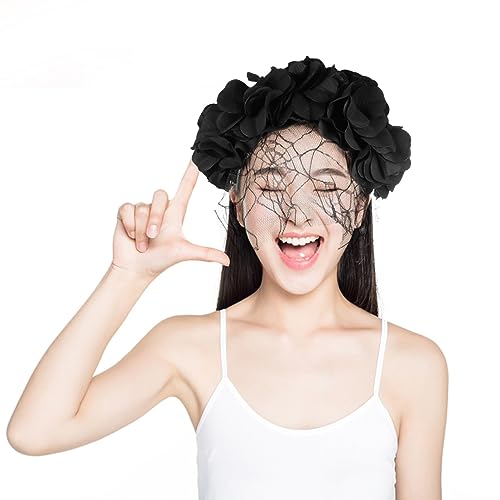 SOLUSTRE Halloween Rosenschleier Stirnband Mesh Blumenkrone Stirnband Tag Der Toten Blumen Haarreifen Maskerade Kostüm Party Kopfbedeckungen Für Frauen Mädchen von SOLUSTRE