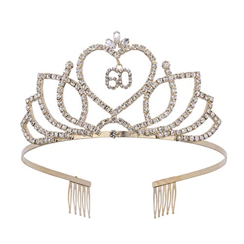 SOLUSTRE Krone Geburtstag 60 Diadem Tiara mit Haarkamm Kristall Strass Birthday Crown Herz Muster Kopfbedeckung Kopfschmuck Geburtstagsgeschenk 60 Jahre für Mädchen Frauen Golden von SOLUSTRE