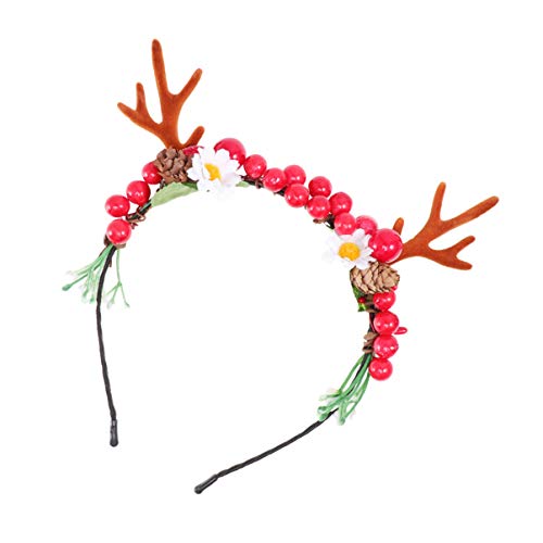 SOLUSTRE Neuheit Weihnachten Künstliches Hirschgeweih Stirnband Mit Blumen Blüte Beere Haarband Kopfbedeckung Kopfbedeckung Für Mädchen Frauen Karneval Party (Fd119) von SOLUSTRE