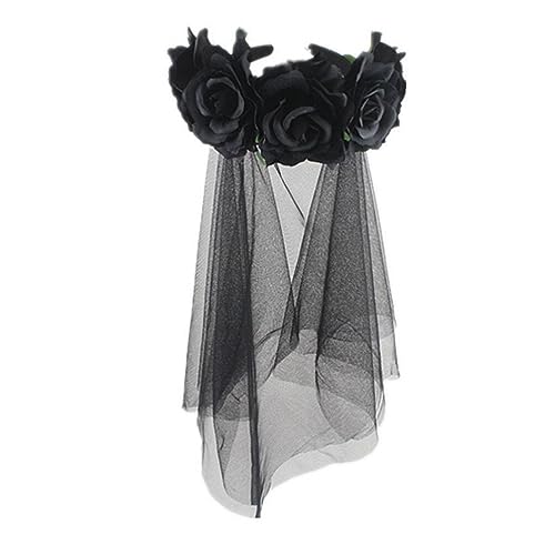 SOLUSTRE Stirnbänder Mit Rosenblüten Blumenstirnband Mit Schleier Das Tote Stirnband Gothic-stirnband Halloween Schleier Stirnband Rosenblumenschleier Blumen- Hochzeit Braut Schwarze Rose von SOLUSTRE