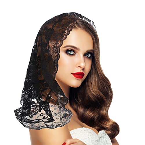 SOLUSTRE Spitze Mantilla Schwarz Schal Halstuch Kopftuch Katholische Schal Kopfbedeckung Frauen Damen Kirche Kopfschmuck Katholisch Zufälliges Muster von SOLUSTRE