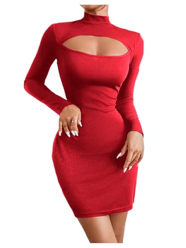 SOLY HUX Bodycon Kleid Damen Langarm Minikleid Cut Outs Kleider Herbst Partykleid Bleistift Kurzkleid Freizeitkleid Rot M von SOLY HUX