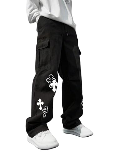 SOLY HUX Cargohose Herren Y2K Baggy Hose Hip Hop Freizeithose mit Taschen Weites Bein Jogginghose Sporthose Locker Casualhose Herbst Outfit Schwarz S von SOLY HUX