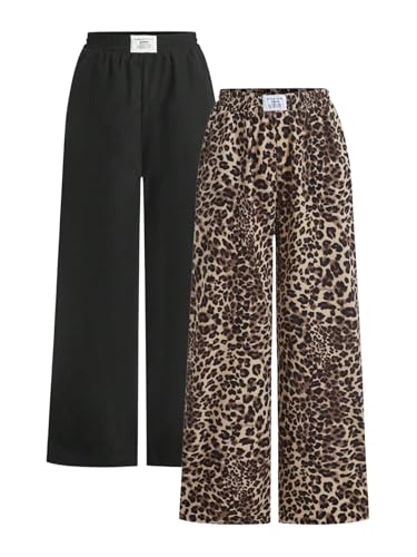 SOLY HUX Damen 2 Stücke Hose Y2K Weite Freizeithose Palazzo Hosen Lockere Jogginghose Hohe Elastosche Bund Casualhose Herbst Outfits Schwarz und Leoparden XL von SOLY HUX