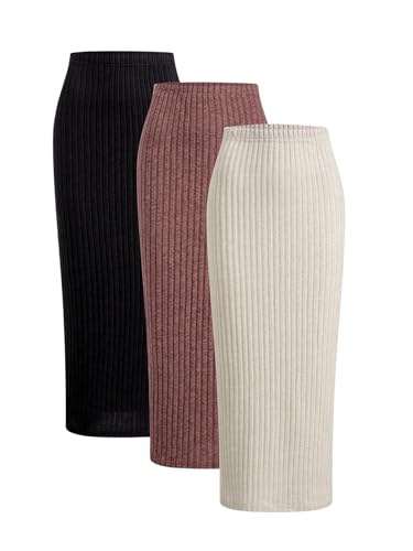 SOLY HUX Damen 3er Set Rock Strickrock Basic Langer Rock Bleistiftrock Bodycon Herbstrock Freizeitrock Aprikose Multi M von SOLY HUX
