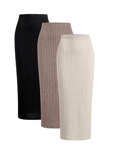 SOLY HUX Damen 3er Set Rock Strickrock Basic Langer Rock Bleistiftrock Bodycon Herbstrock Freizeitrock Beige Mehrfarbig M von SOLY HUX