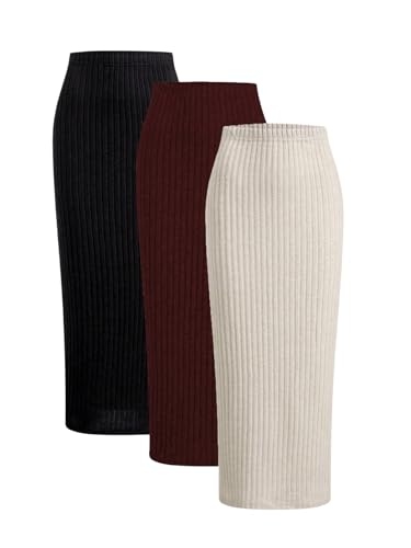 SOLY HUX Damen 3er Set Rock Strickrock Basic Langer Rock Bleistiftrock Bodycon Herbstrock Freizeitrock Burgunderrot Multi M von SOLY HUX